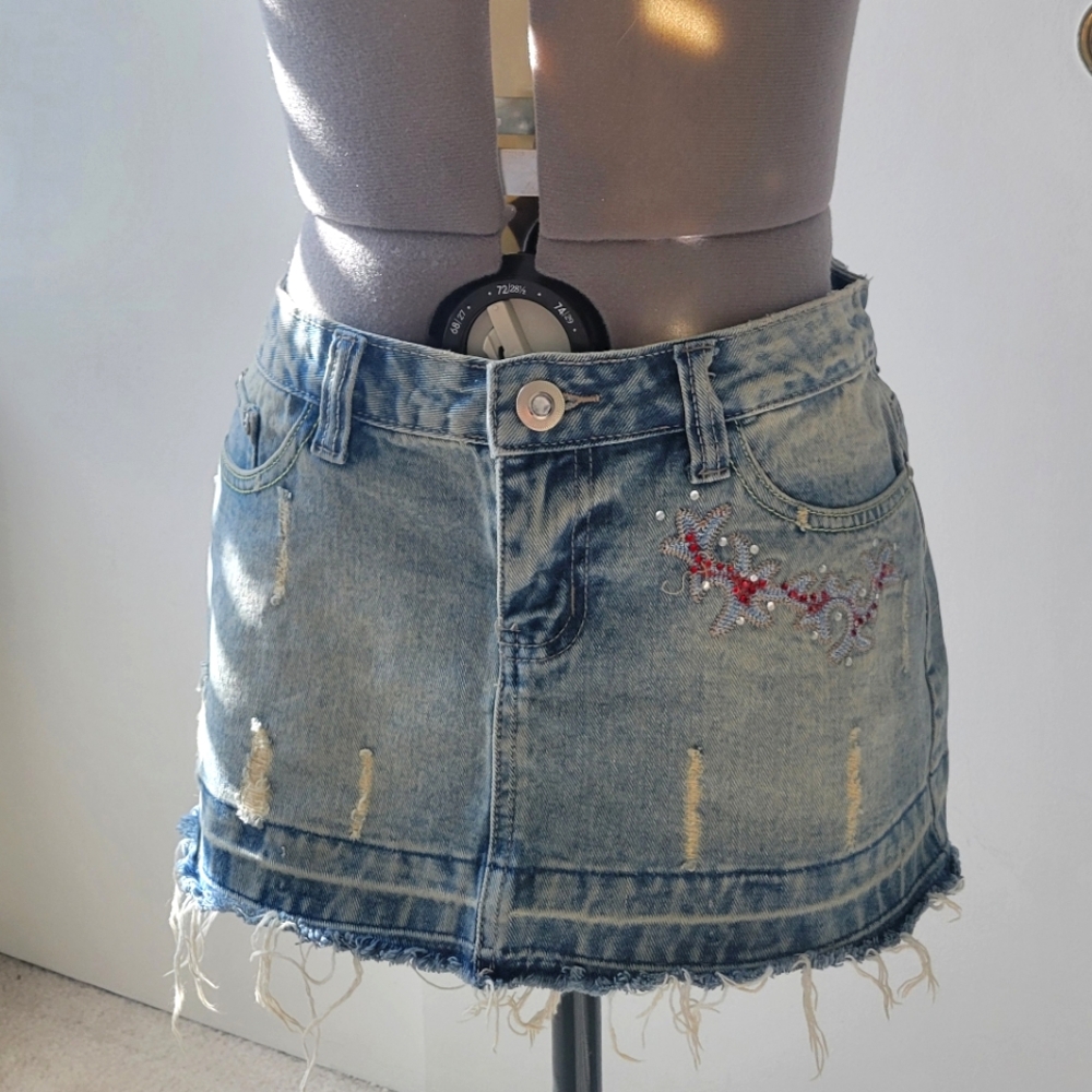 Denim Distressed Bejeweled and Embroidered  Mini Skirt